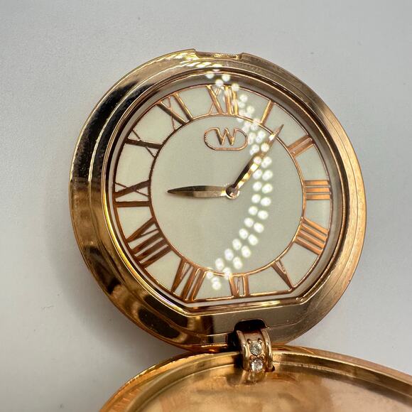 Wintex rose gold pink enamel clear rhinestones quartz pocket watch necklace - Picture 6 of 10